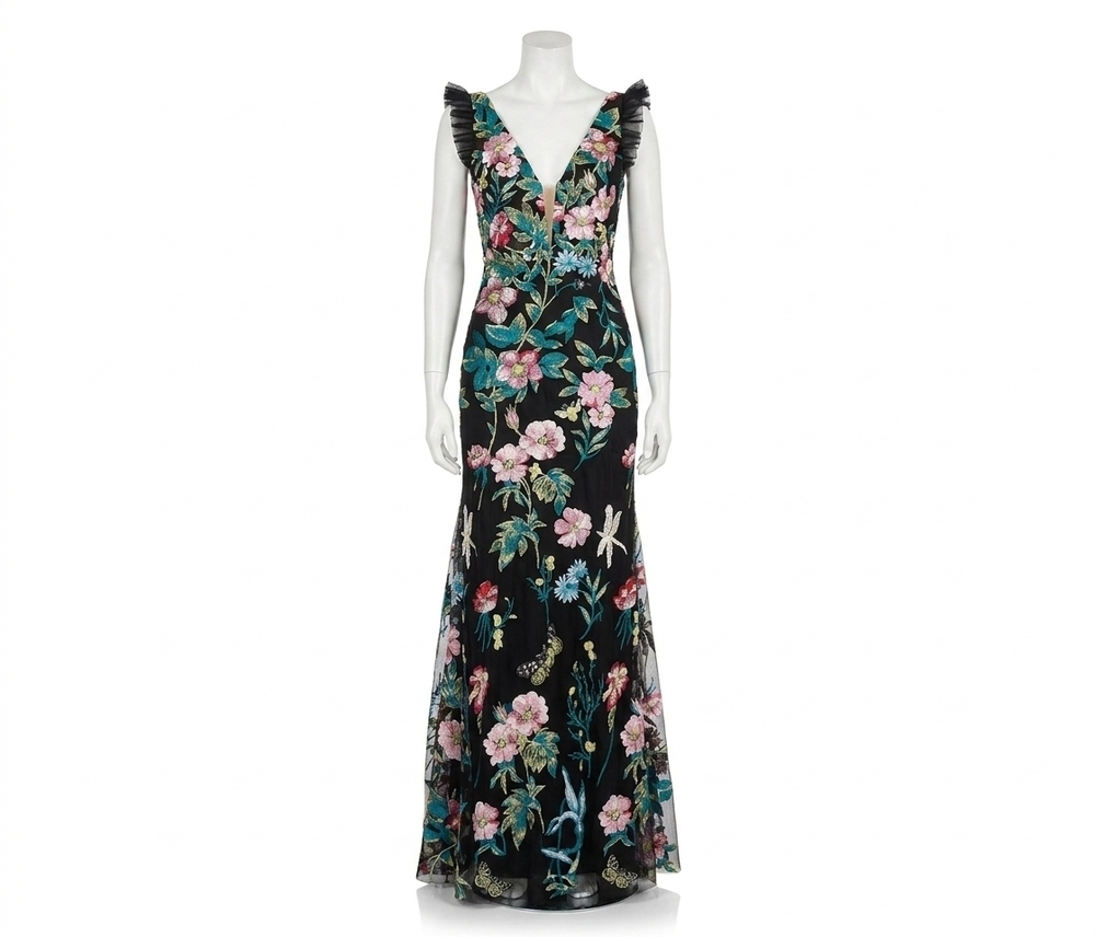 NEW MAC DUGGAL embroidered floral plunge-neck trumpet gown in black